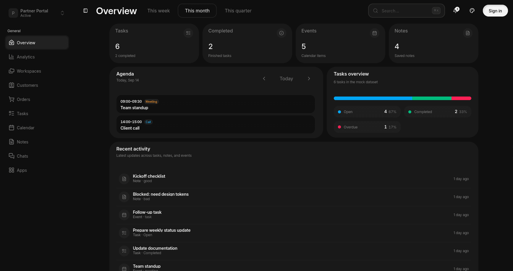 The Olvix partner portal in dark mode: tasks, agenda and recent activity on one overview screen